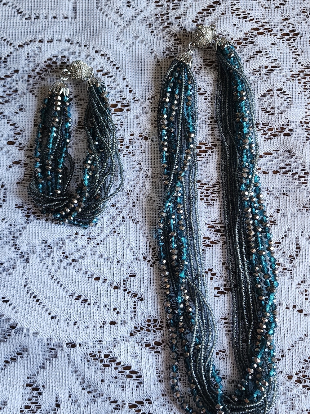 Premier Designs Teal and Silver Multi-Strand Necklace and Bracelet Set